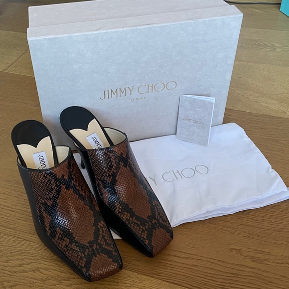 Jimmy Choo Marcel 85mm Snake Effect Leather Square-Toe Mules (Black Tan) - Picture 4 of 15